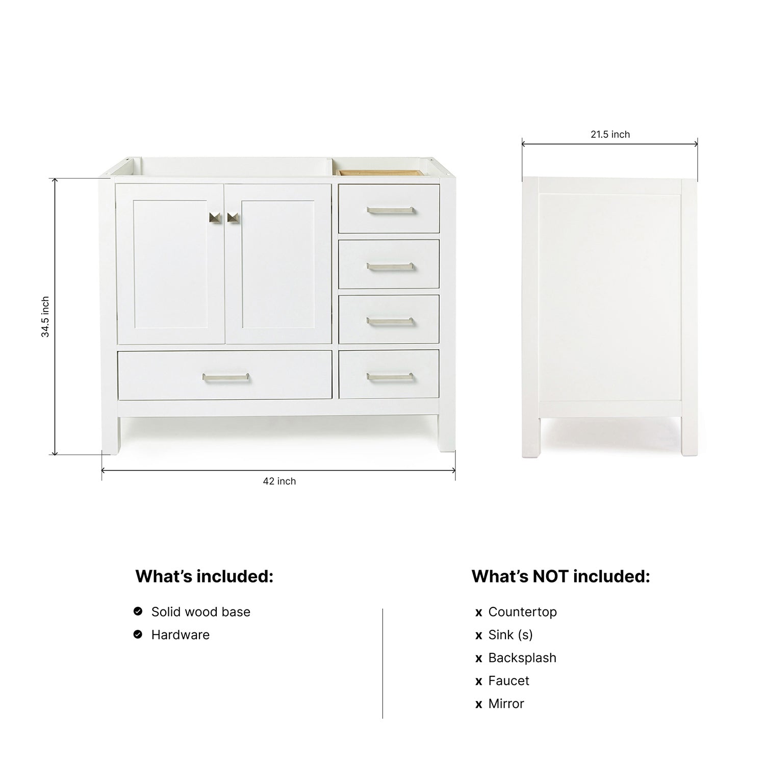 Beckford 42-inch White base cabinet on dimensions