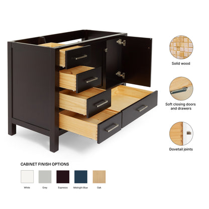 Beckford 42-inch Espresso base cabinet on feature highlights: solid wood frame, soft-close doors and drawers, Sherwin-Williams paint finish