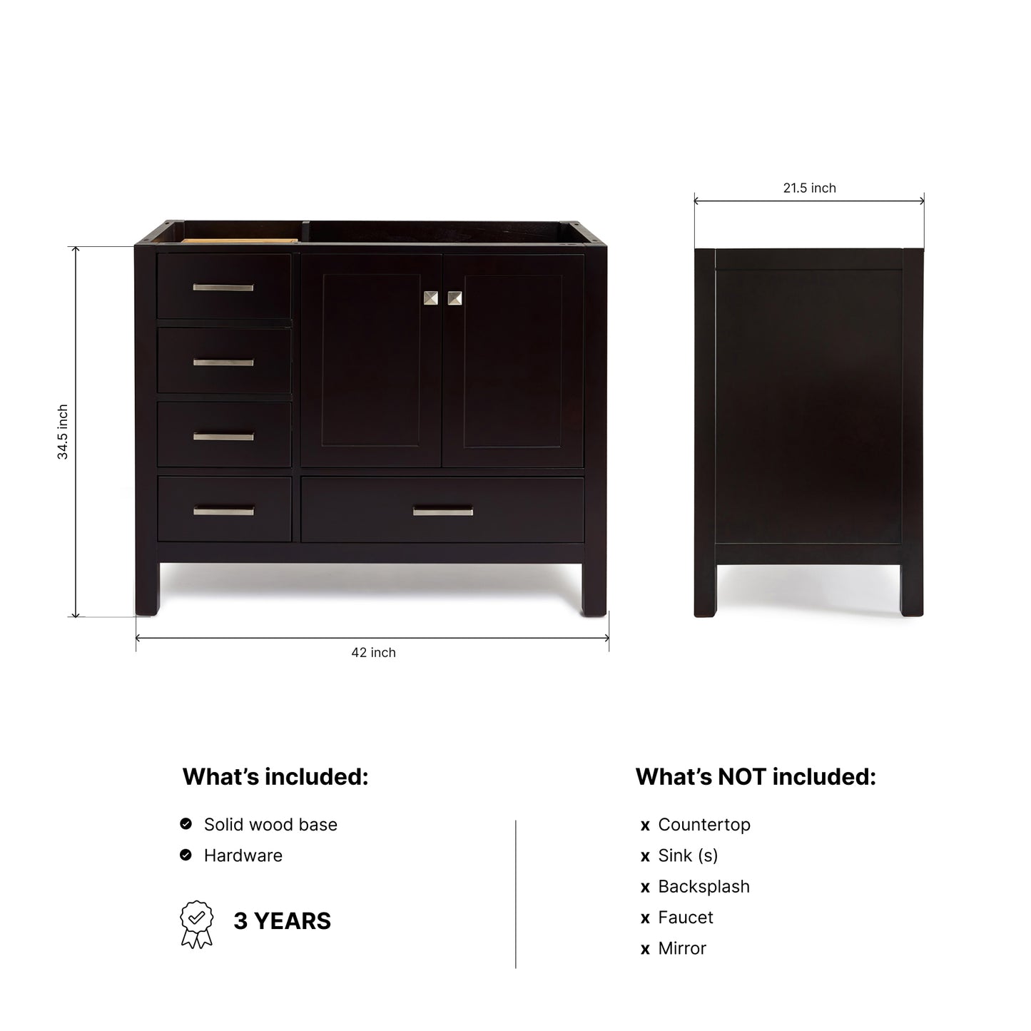 Beckford 42-inch Espresso base cabinet on dimensions