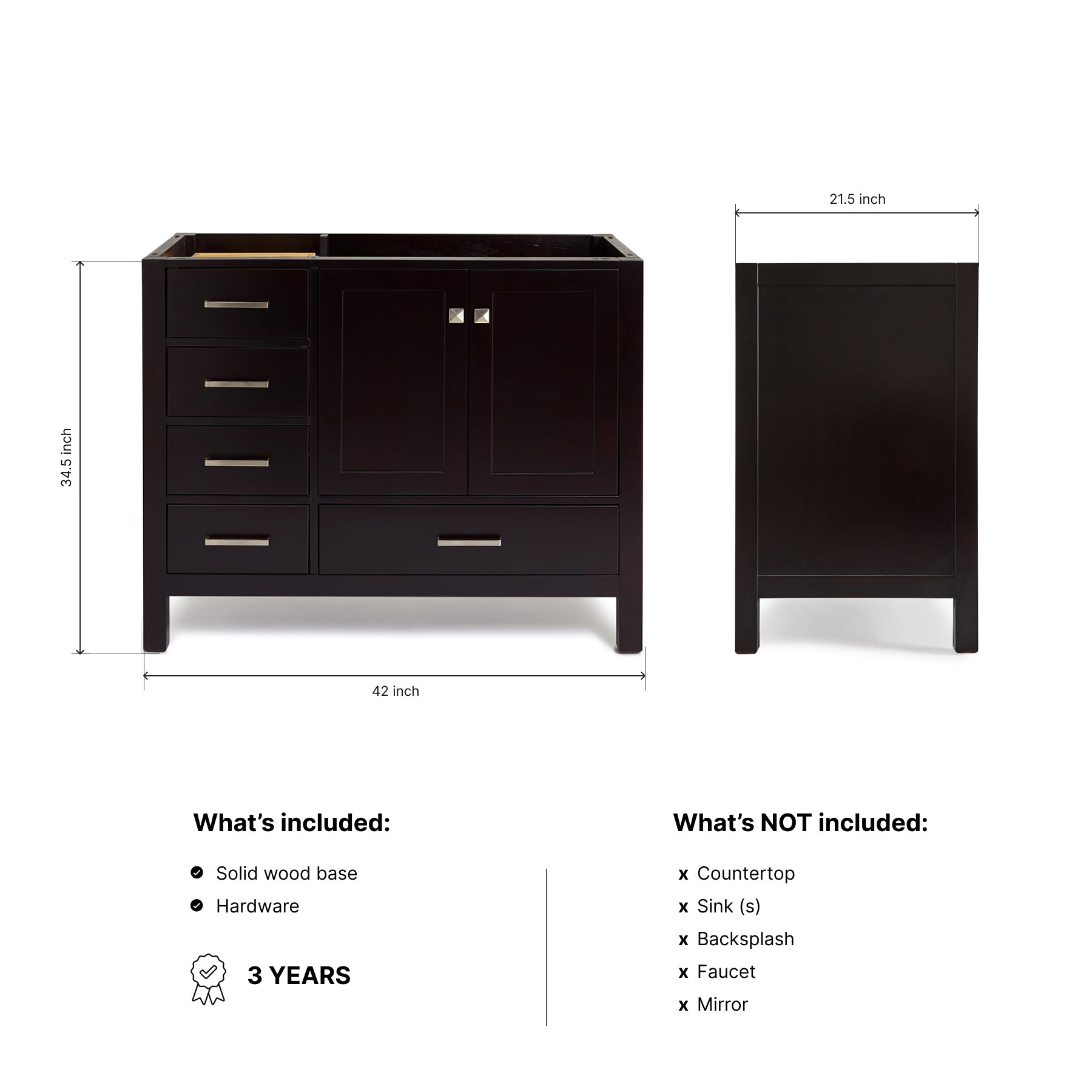 Beckford 42-inch Espresso base cabinet on dimensions