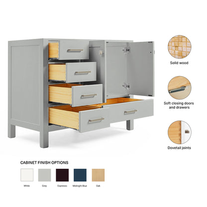 Beckford 42-inch Grey base cabinet on feature highlights: solid wood frame, soft-close doors and drawers, Sherwin-Williams paint finish