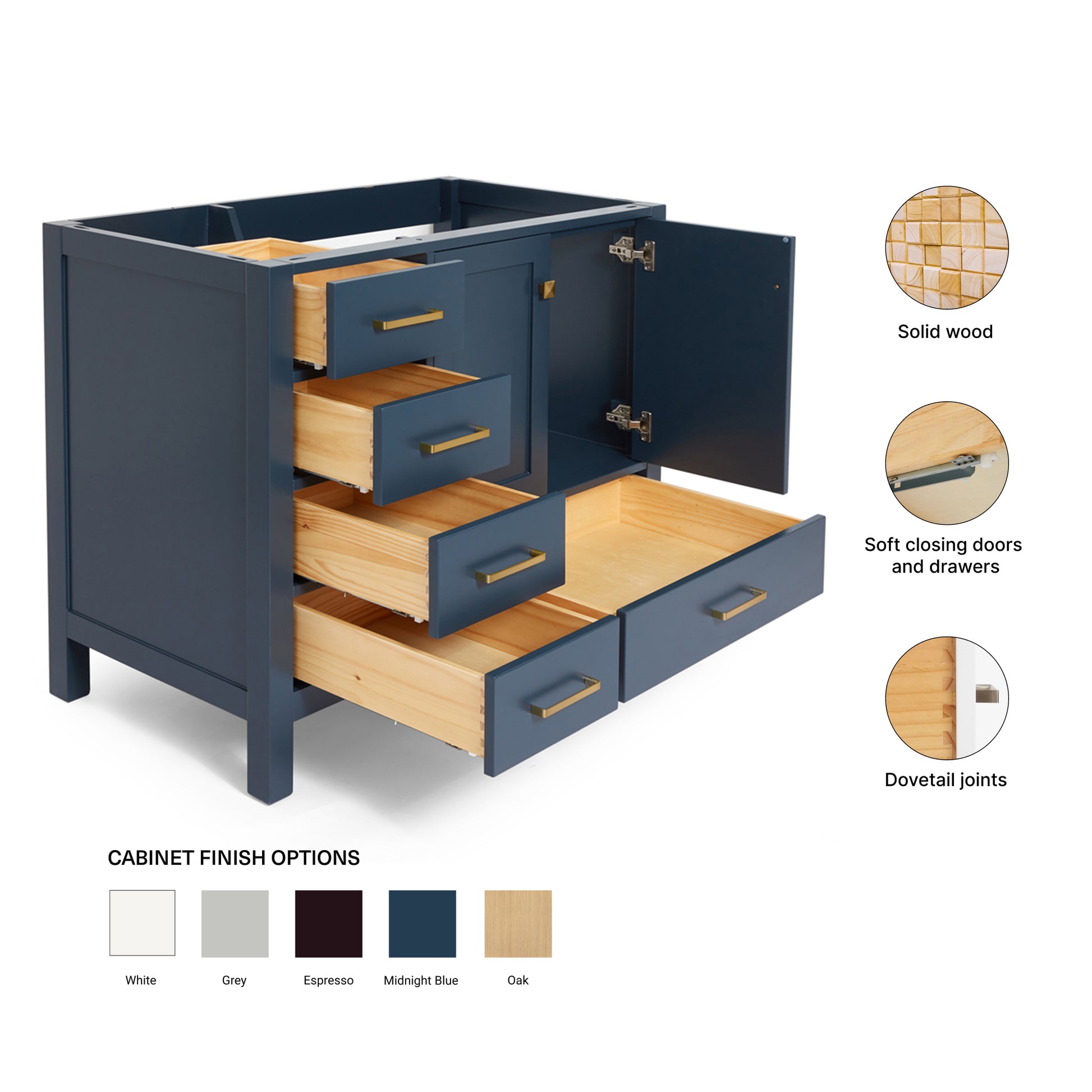 Beckford 42-inch Midnight Blue base cabinet on feature highlights: solid wood frame, soft-close doors and drawers, Sherwin-Williams paint finish