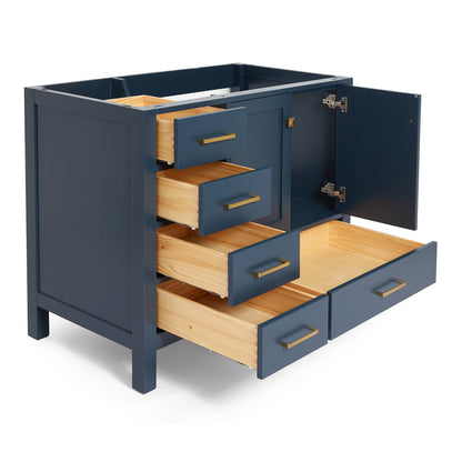 Beckford 42-inch Midnight Blue base cabinet on white back ground side view open door