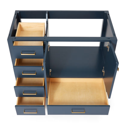 Beckford 42-inch Midnight Blue base cabinet on white back ground front view open door