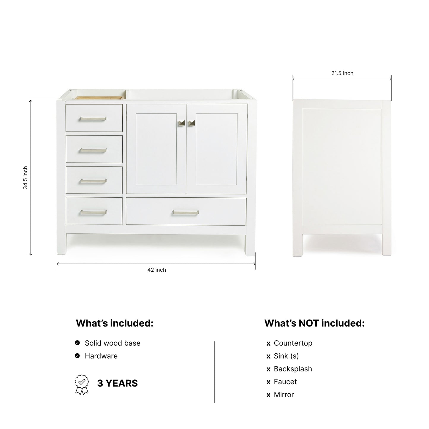 Beckford 42-inch White base cabinet on dimensions