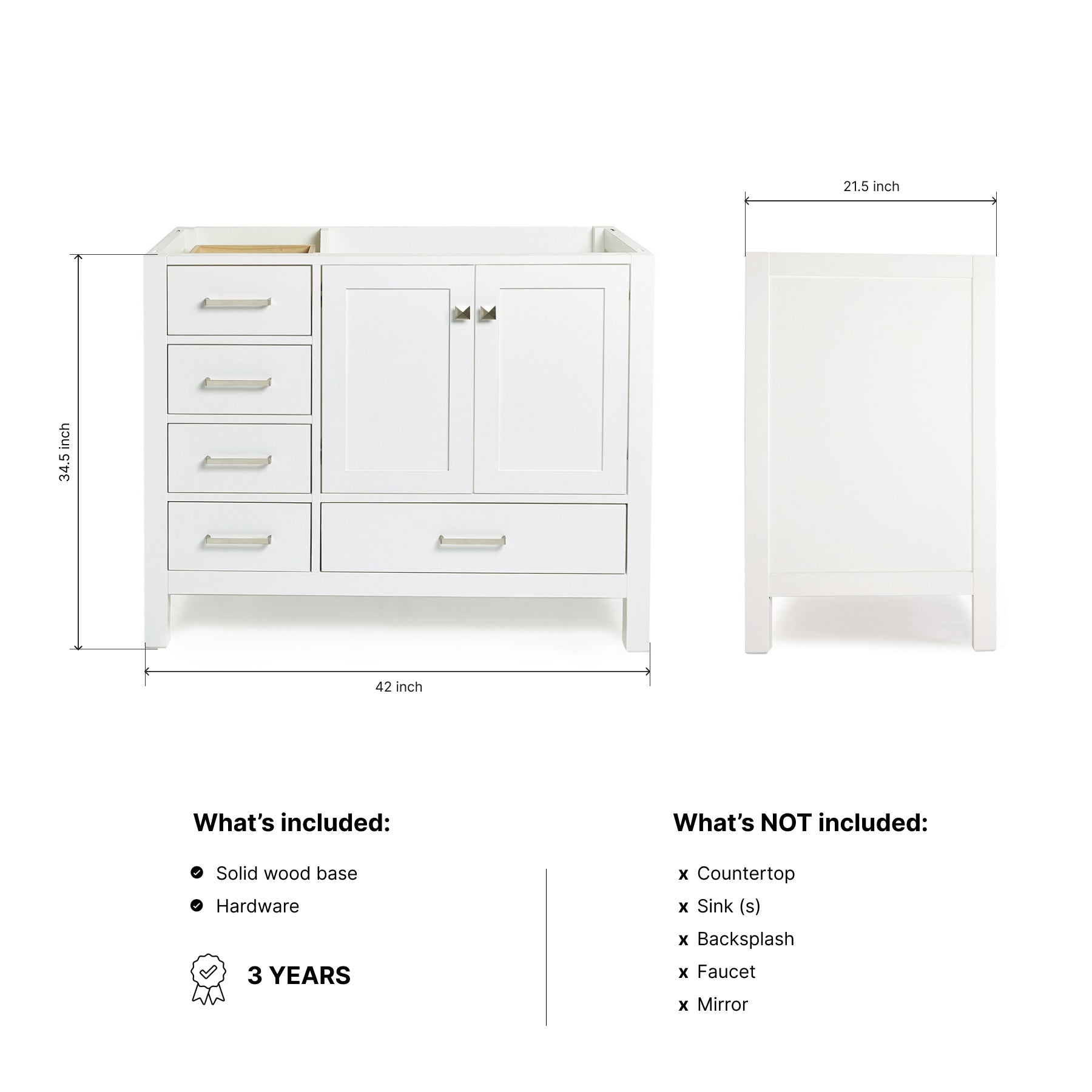 Beckford 42-inch White base cabinet on dimensions