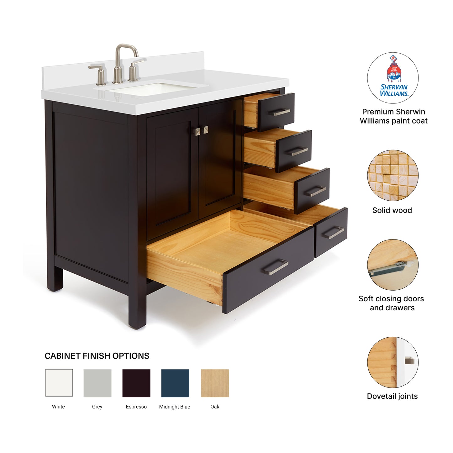 Beckford 42-Inch Espresso bathroom vanity – feature highlights: solid wood frame, soft-close doors and drawers, Sherwin-Williams paint finish