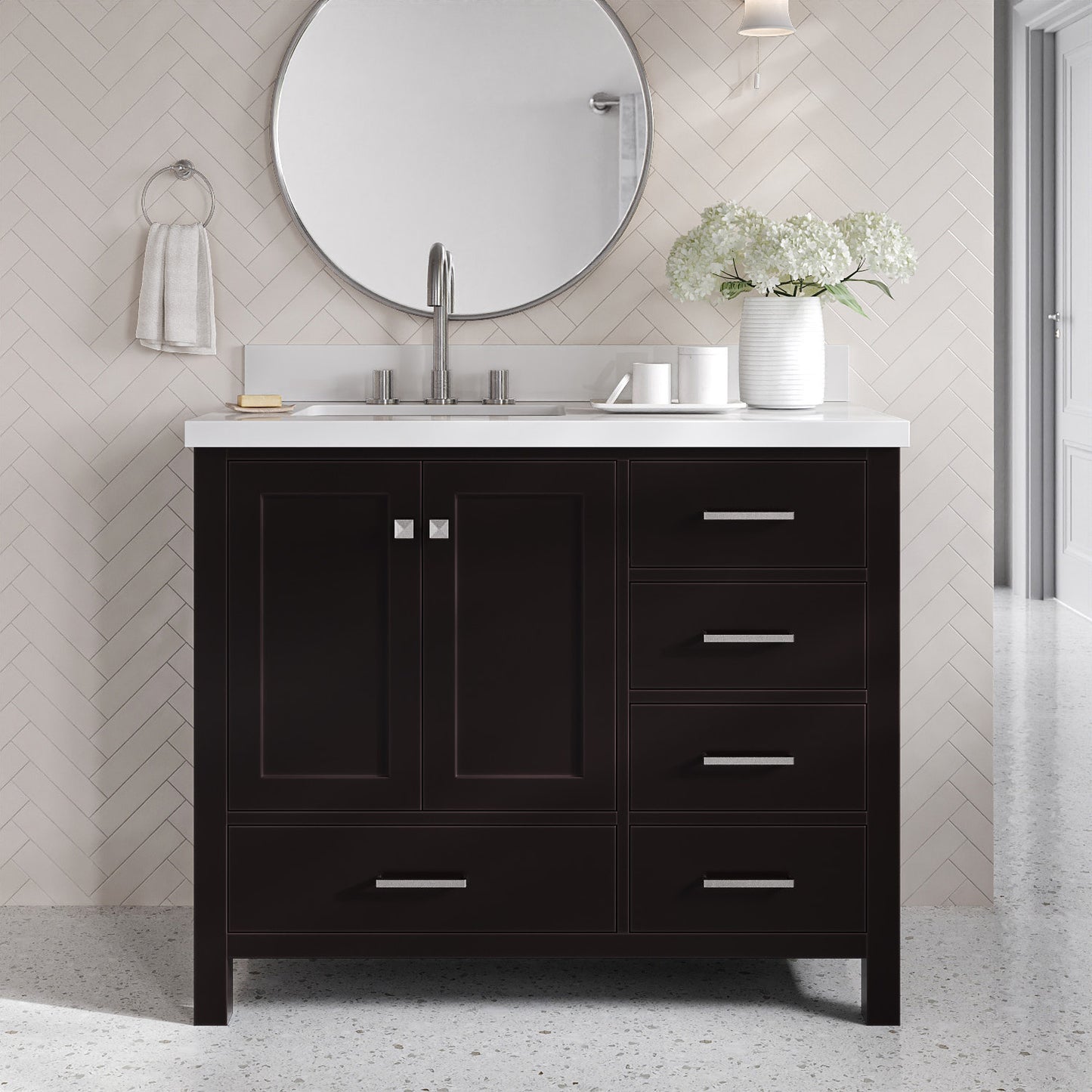 Beckford 42-Inch Espresso bathroom vanity in styled bathroom setting