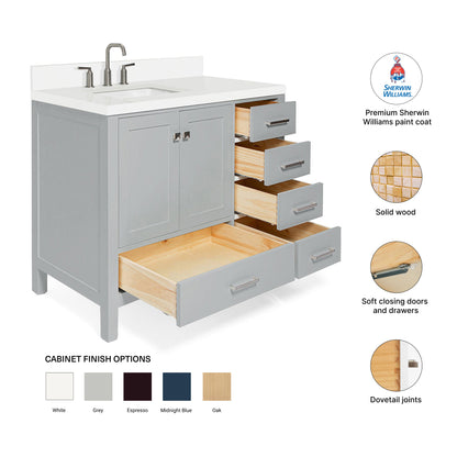 Beckford 42-Inch Grey bathroom vanity – feature highlights: solid wood frame, soft-close doors and drawers, Sherwin-Williams paint finish