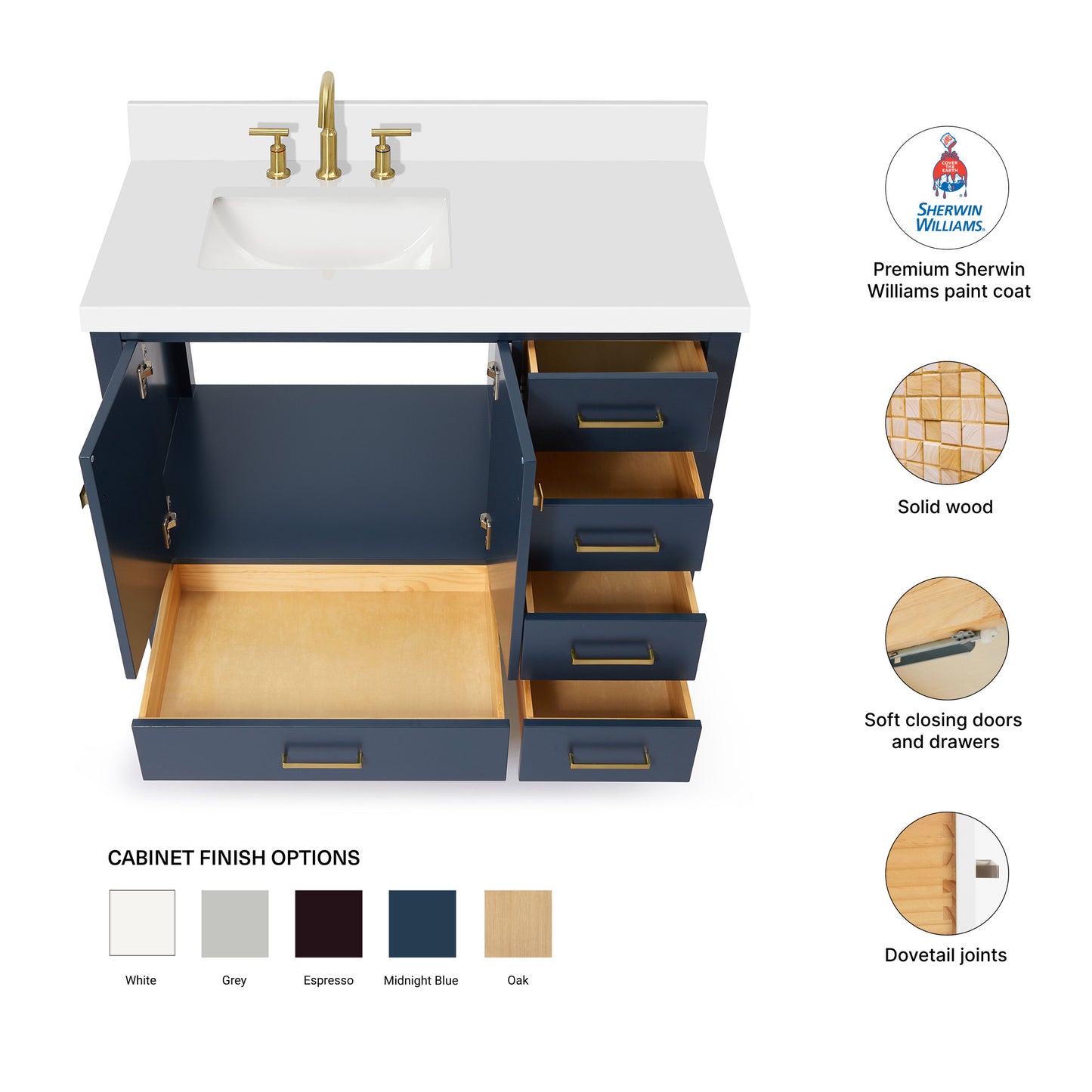 Beckford 42-Inch Midnight Blue bathroom vanity – feature highlights: solid wood frame, soft-close doors and drawers, Sherwin-Williams paint finish