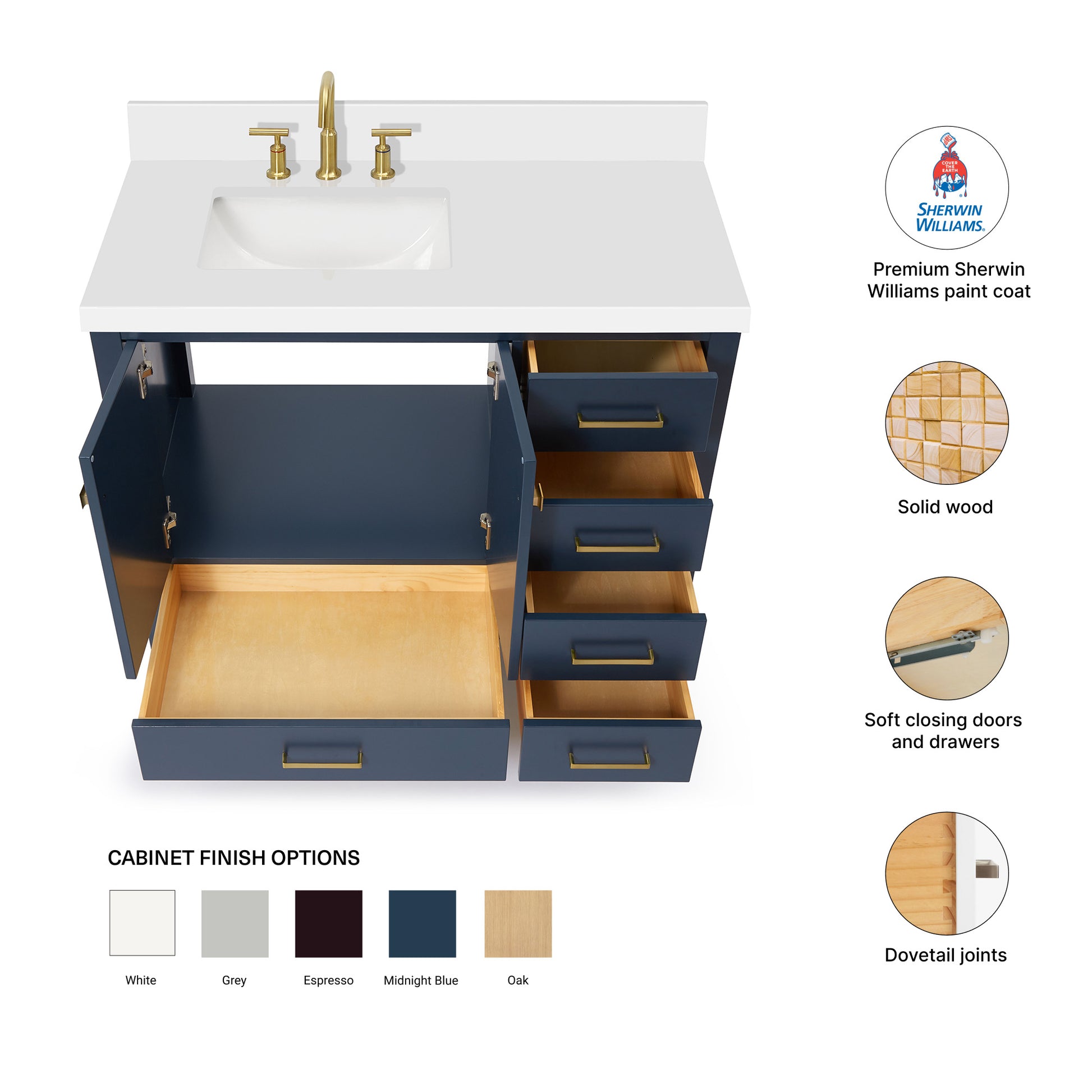 Beckford 42-Inch Midnight Blue bathroom vanity – feature highlights: solid wood frame, soft-close doors and drawers, Sherwin-Williams paint finish
