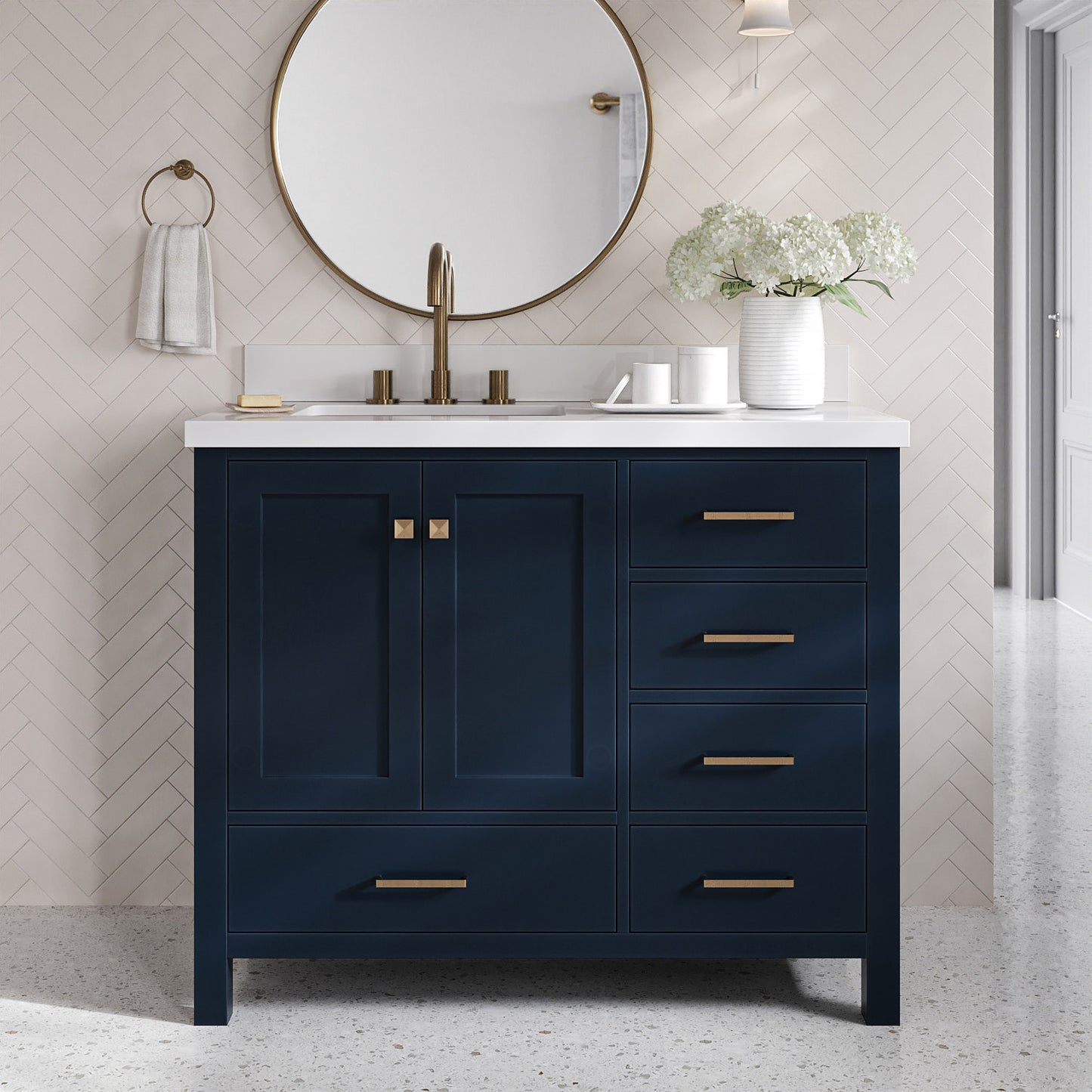 Beckford 42-Inch Midnight Blue bathroom vanity in styled bathroom setting