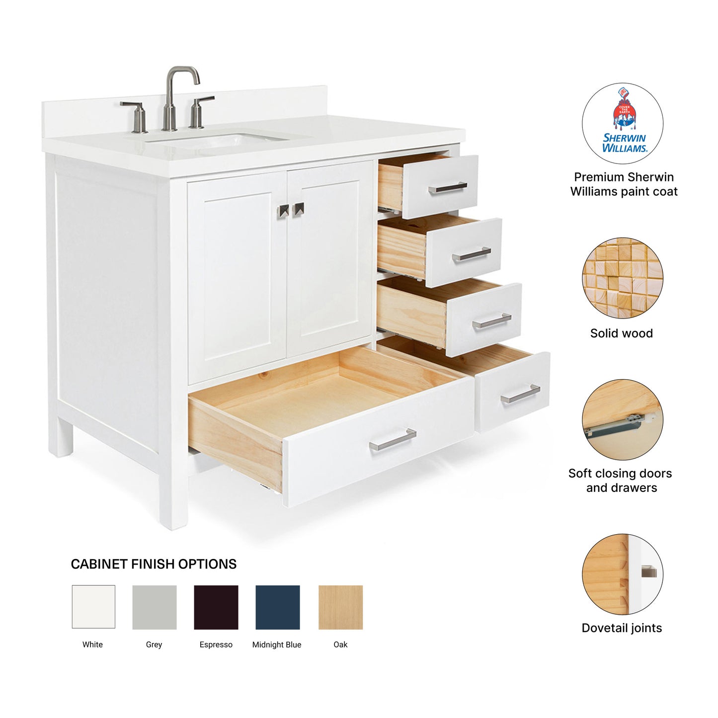 Beckford 42-Inch White bathroom vanity – feature highlights: solid wood frame, soft-close doors and drawers, Sherwin-Williams paint finish
