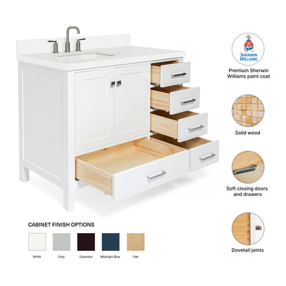 Beckford 42-Inch White bathroom vanity – feature highlights: solid wood frame, soft-close doors and drawers, Sherwin-Williams paint finish