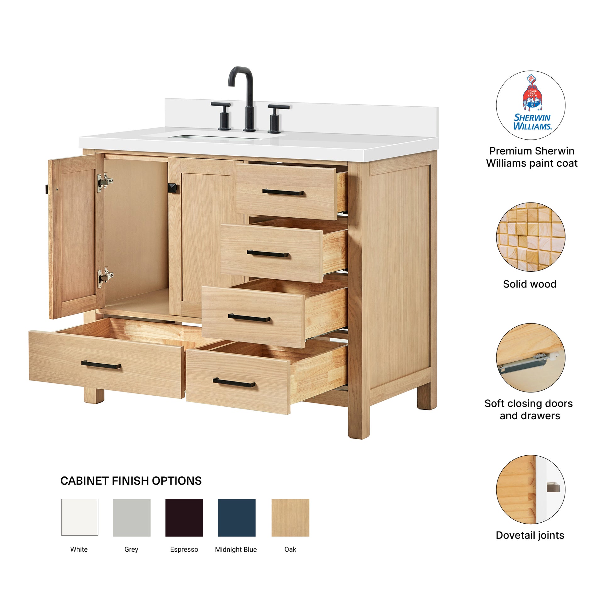Beckford 42-Inch White Oak bathroom vanity – feature highlights: solid wood frame, soft-close doors and drawers, Sherwin-Williams paint finish