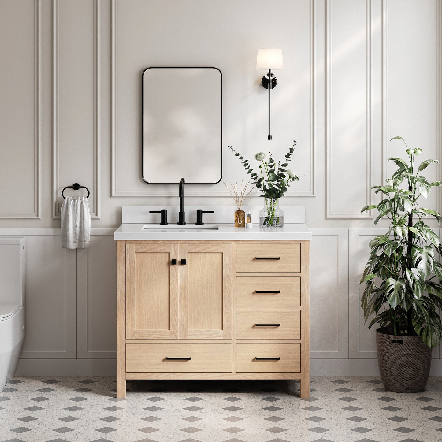 Beckford 42-Inch White Oak bathroom vanity in styled bathroom setting