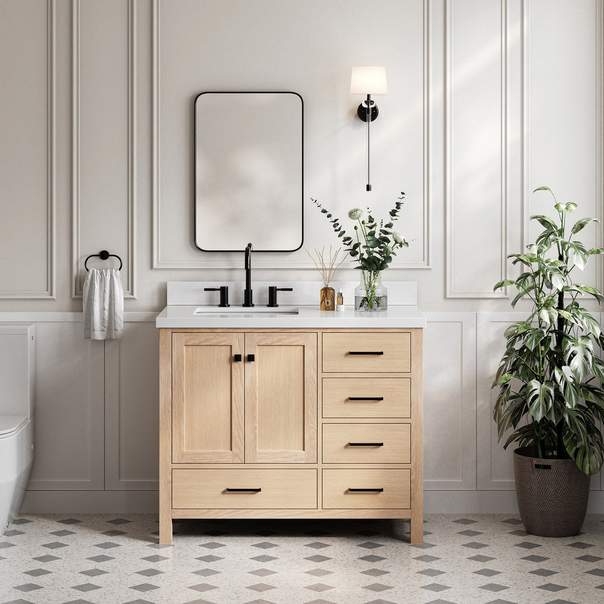 Beckford 42-Inch White Oak bathroom vanity in styled bathroom setting
