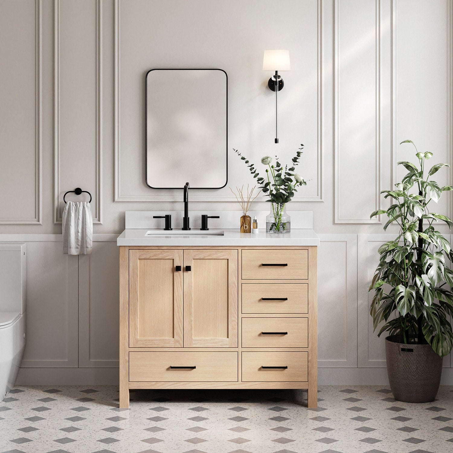 Beckford 42-Inch White Oak bathroom vanity in styled bathroom setting