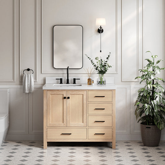 Beckford 42-Inch White Oak bathroom vanity in styled bathroom setting