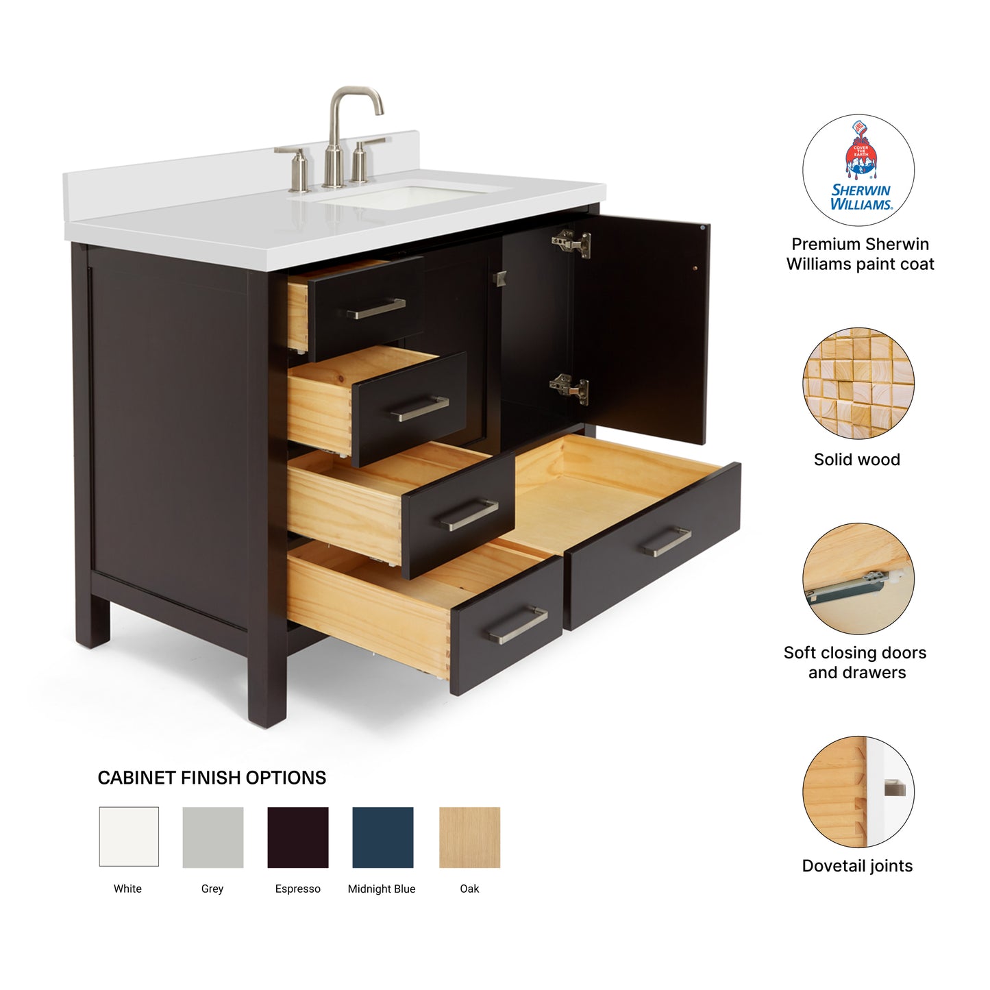 Beckford 42-Inch Espresso bathroom vanity – feature highlights: solid wood frame, soft-close doors and drawers, Sherwin-Williams paint finish