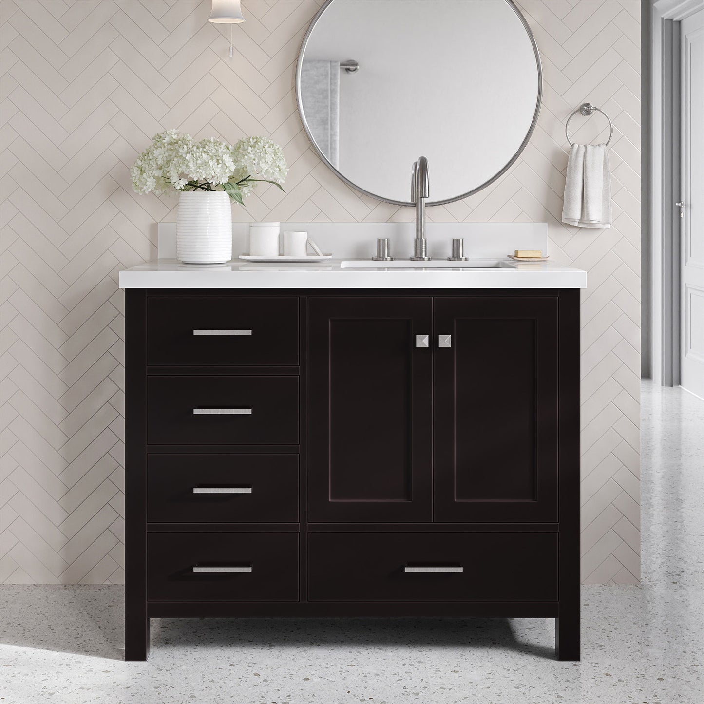 Beckford 42-Inch Espresso bathroom vanity in styled bathroom setting