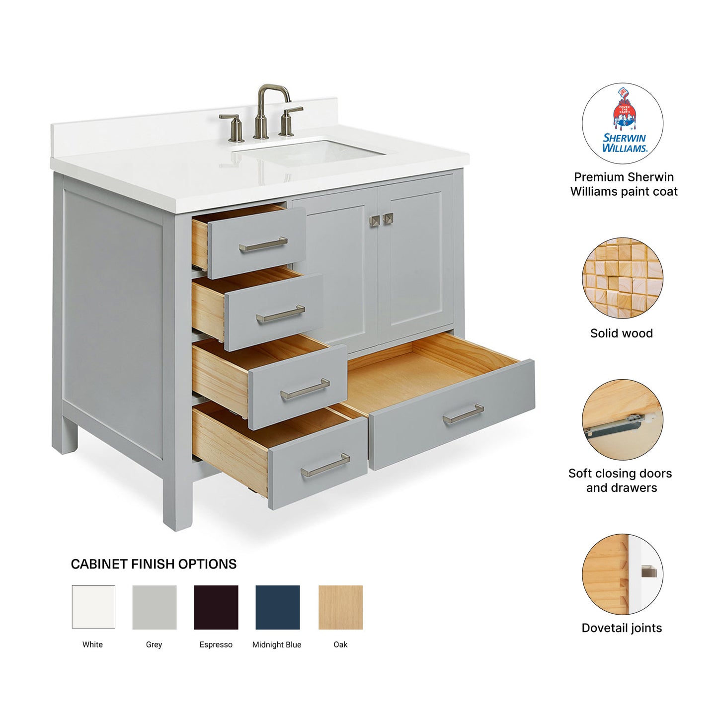 Beckford 42-Inch Grey bathroom vanity – feature highlights: solid wood frame, soft-close doors and drawers, Sherwin-Williams paint finish