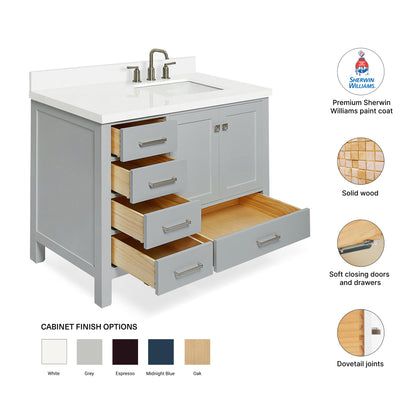 Beckford 42-Inch Grey bathroom vanity – feature highlights: solid wood frame, soft-close doors and drawers, Sherwin-Williams paint finish