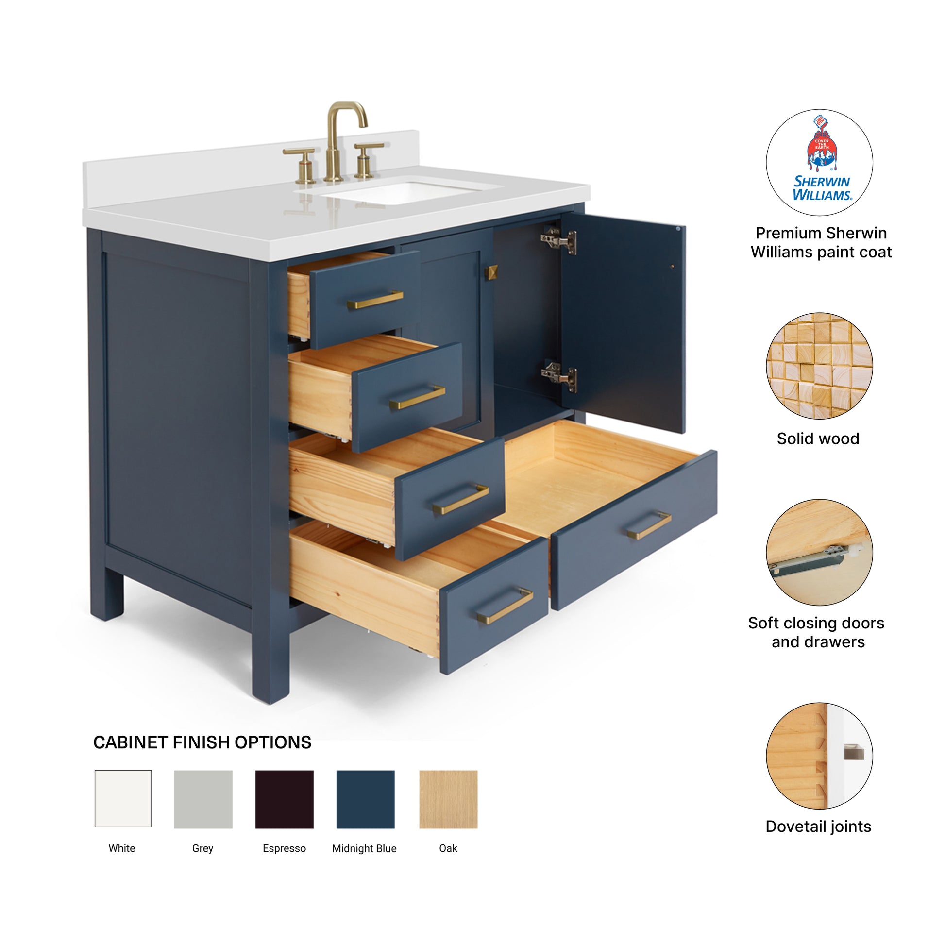 Beckford 42-Inch Midnight Blue bathroom vanity – feature highlights: solid wood frame, soft-close doors and drawers, Sherwin-Williams paint finish