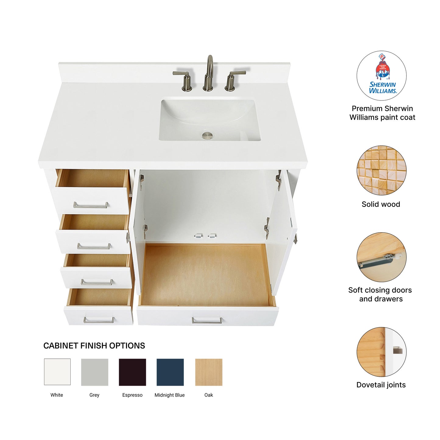 Beckford 42-Inch White bathroom vanity – feature highlights: solid wood frame, soft-close doors and drawers, Sherwin-Williams paint finish