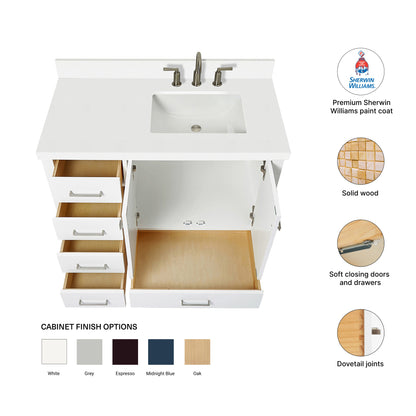 Beckford 42-Inch White bathroom vanity – feature highlights: solid wood frame, soft-close doors and drawers, Sherwin-Williams paint finish