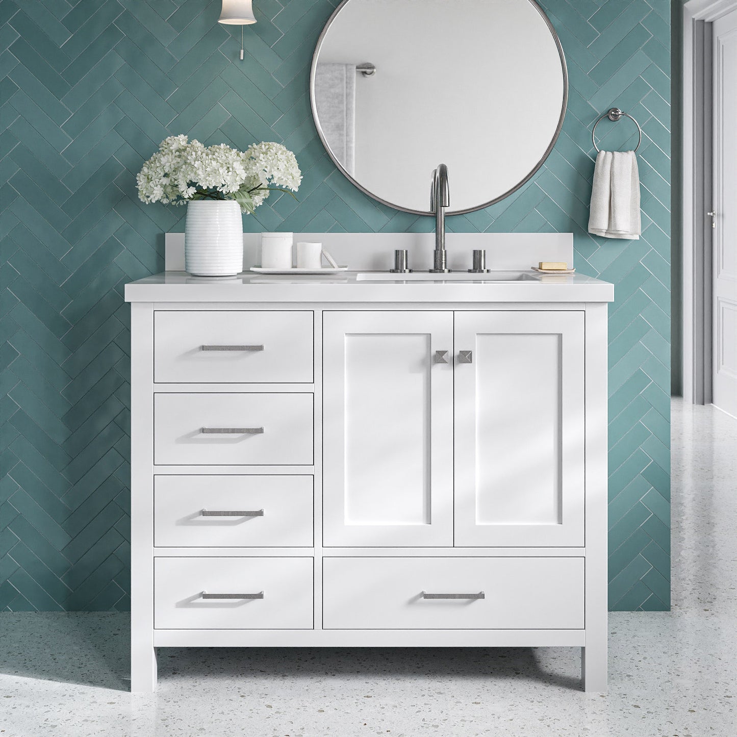 Beckford 42-Inch White bathroom vanity in styled bathroom setting
