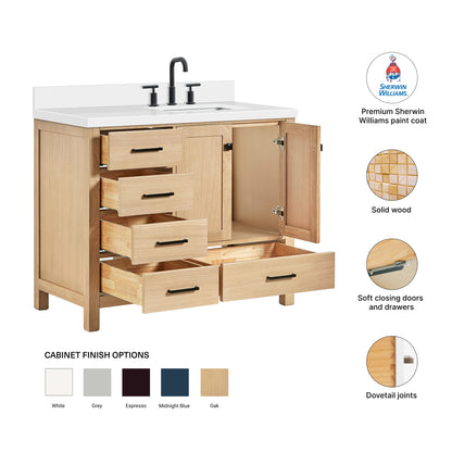 Beckford 42-Inch White Oak bathroom vanity – feature highlights: solid wood frame, soft-close doors and drawers, Sherwin-Williams paint finish