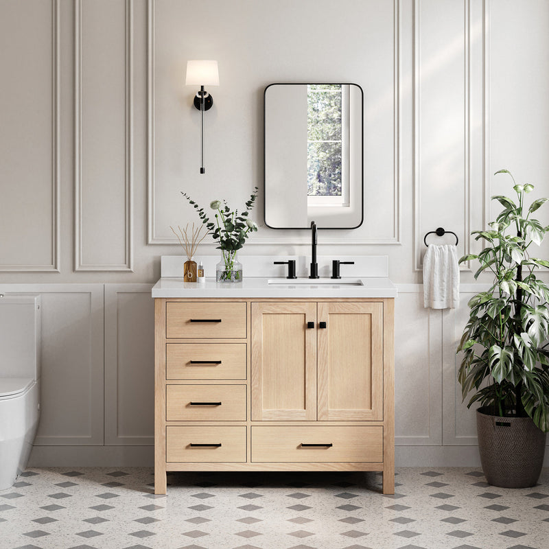 Beckford 42-Inch White Oak bathroom vanity in styled bathroom setting