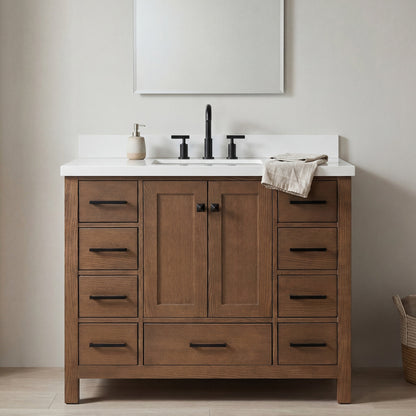 Beckford 42-Inch Brown Oak bathroom vanity in styled bathroom setting