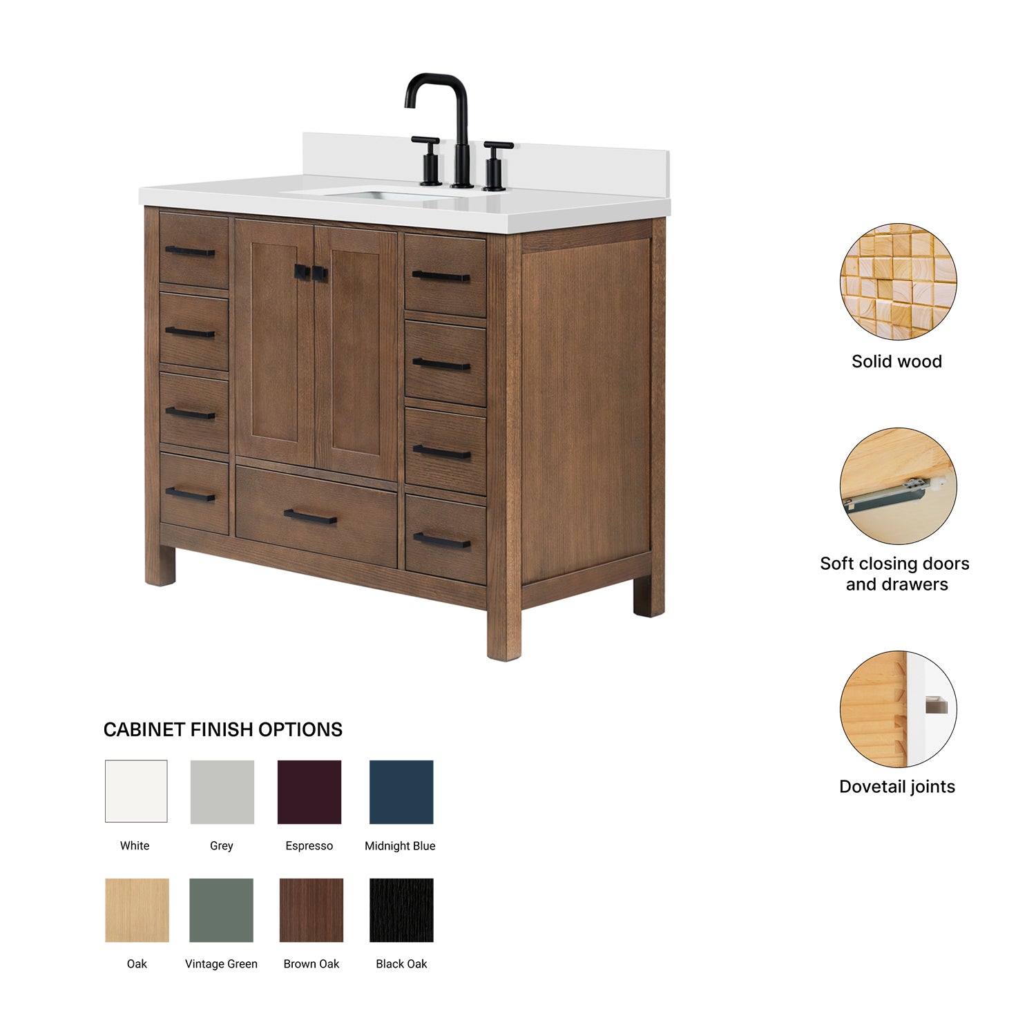 Beckford 42-Inch Brown Oak bathroom vanity – feature highlights: solid wood frame, soft-close doors and drawers, Sherwin-Williams paint finish