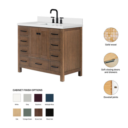 Beckford 42-Inch Brown Oak bathroom vanity – feature highlights: solid wood frame, soft-close doors and drawers, Sherwin-Williams paint finish