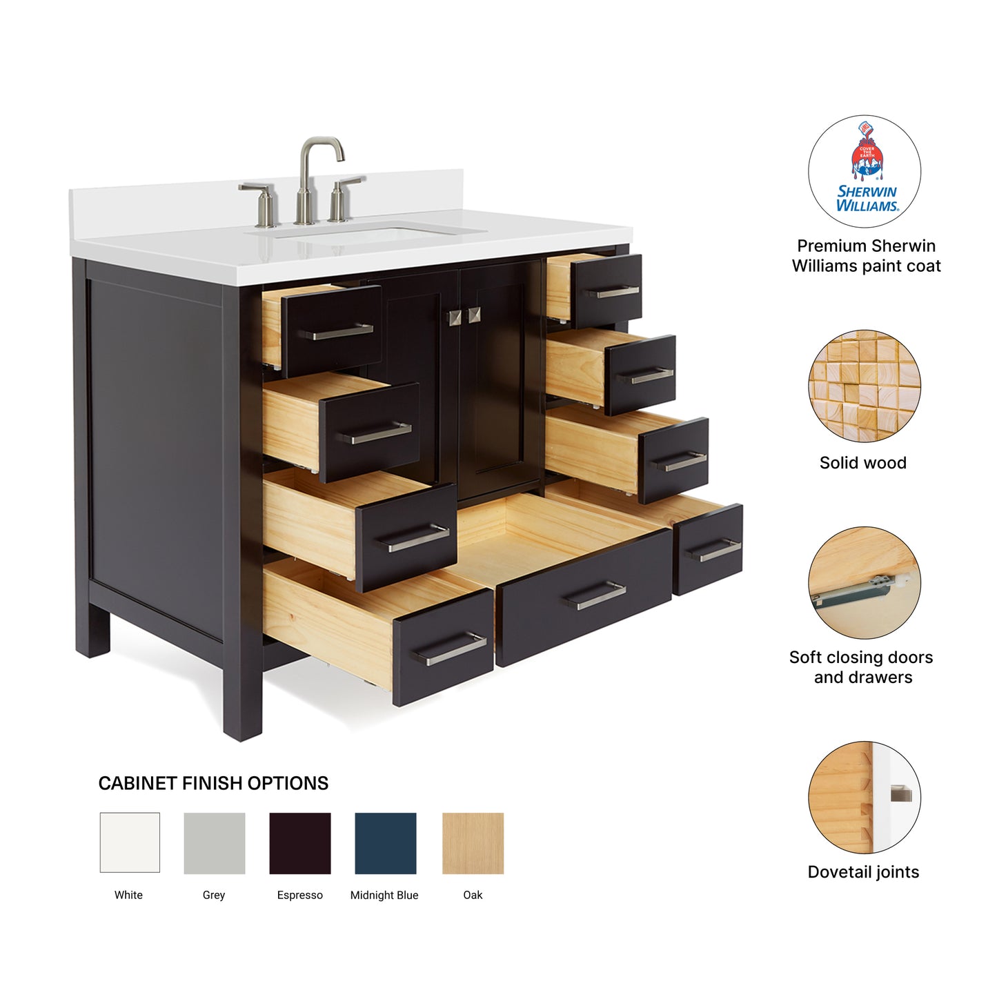 Beckford 42-Inch Espresso bathroom vanity – feature highlights: solid wood frame, soft-close doors and drawers, Sherwin-Williams paint finish