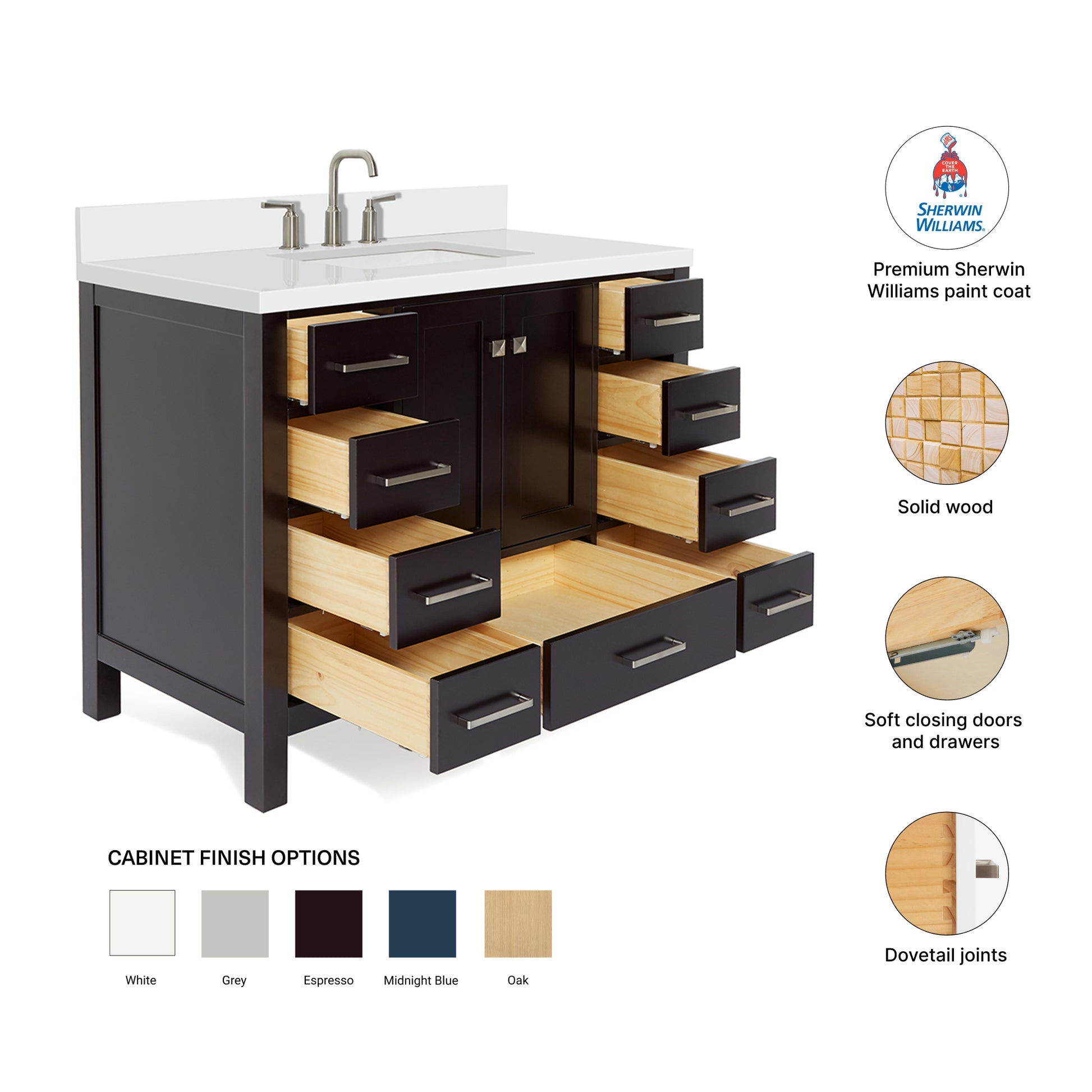 Beckford 42-Inch Espresso bathroom vanity – feature highlights: solid wood frame, soft-close doors and drawers, Sherwin-Williams paint finish