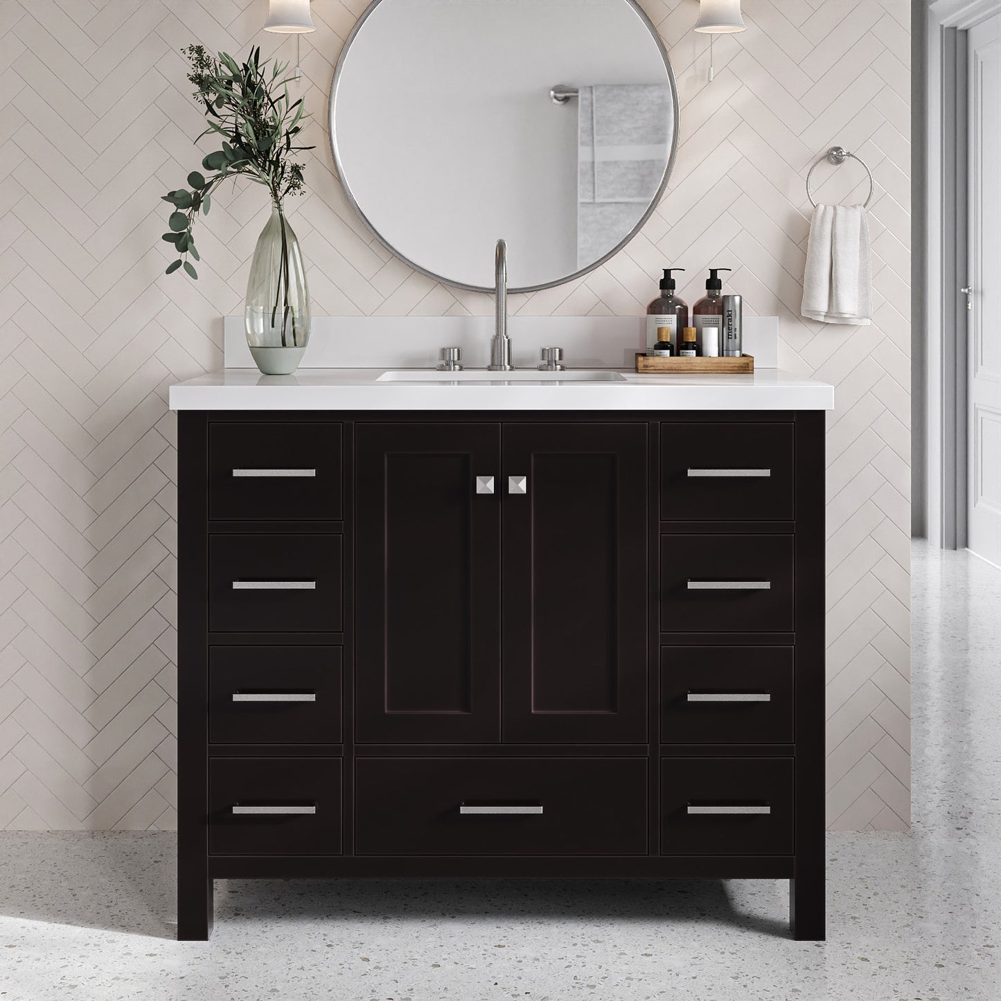 Beckford 42-Inch Espresso bathroom vanity in styled bathroom setting