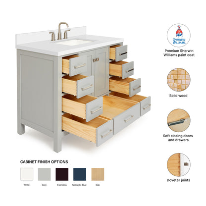 Beckford 42-Inch Grey bathroom vanity – feature highlights: solid wood frame, soft-close doors and drawers, Sherwin-Williams paint finish