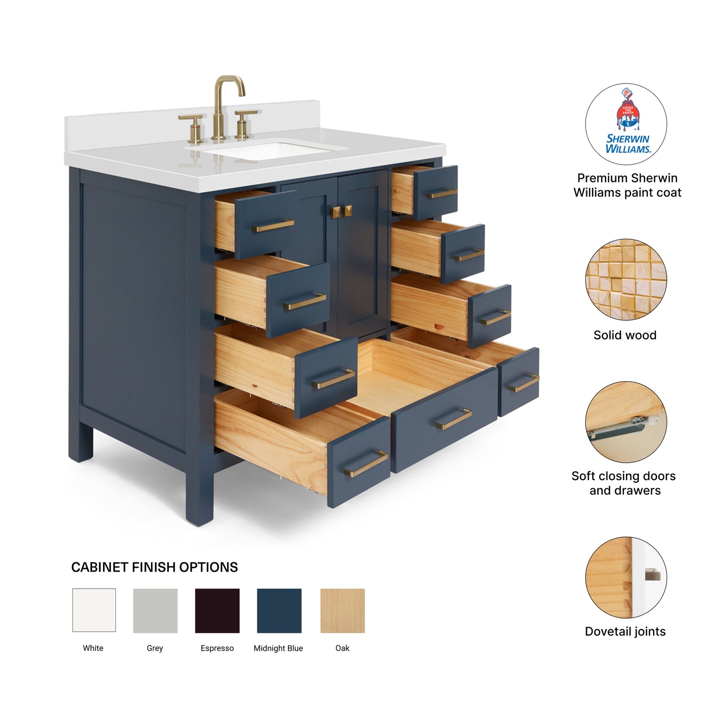 Beckford 42-Inch Midnight Blue bathroom vanity – feature highlights: solid wood frame, soft-close doors and drawers, Sherwin-Williams paint finish