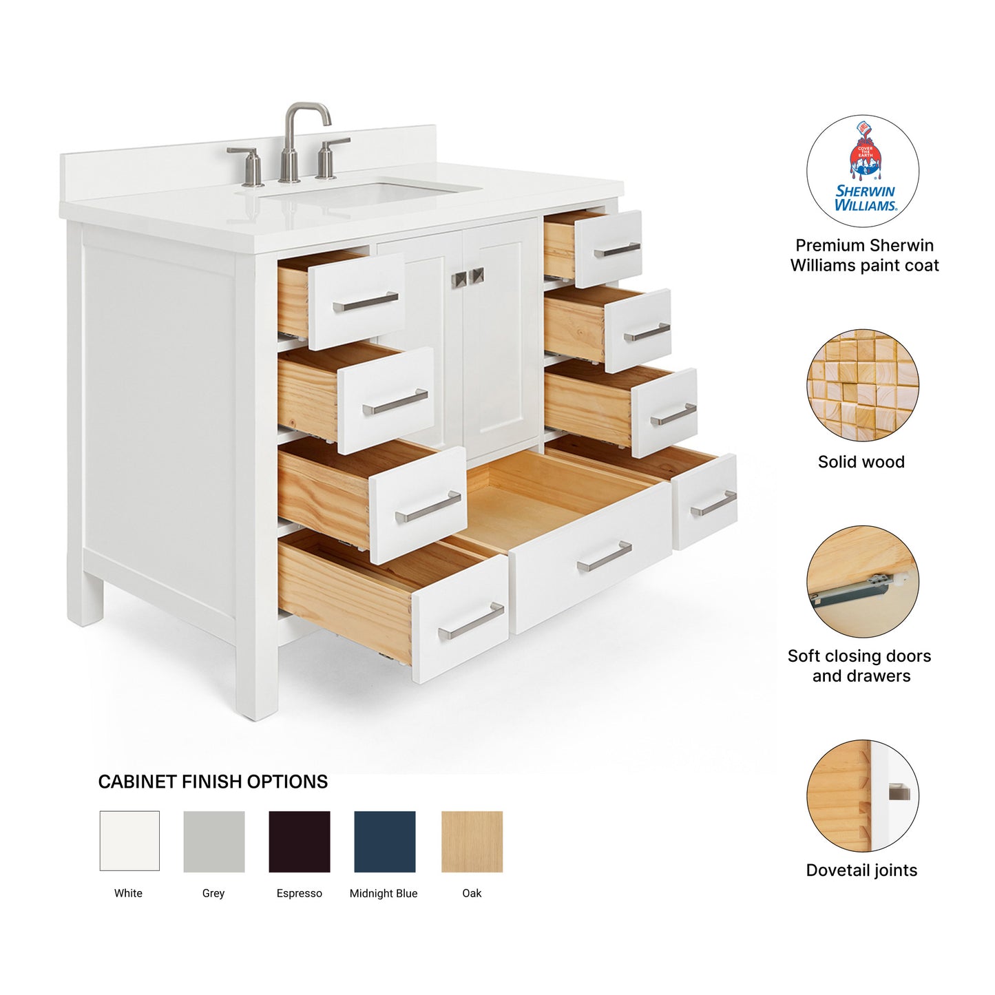 Beckford 42-Inch White bathroom vanity – feature highlights: solid wood frame, soft-close doors and drawers, Sherwin-Williams paint finish