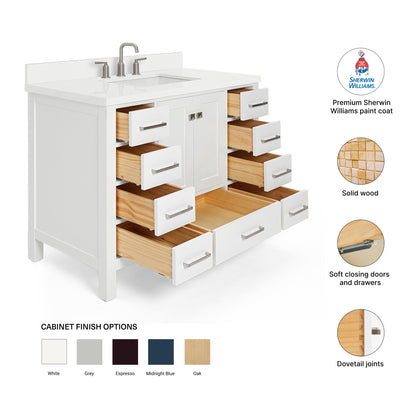 Beckford 42-Inch White bathroom vanity – feature highlights: solid wood frame, soft-close doors and drawers, Sherwin-Williams paint finish