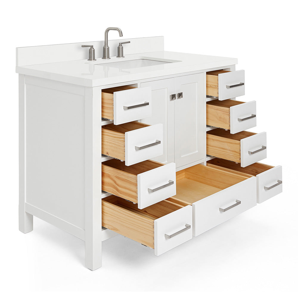 Beckford 42-Inch White bathroom vanity on white background – product photo 1