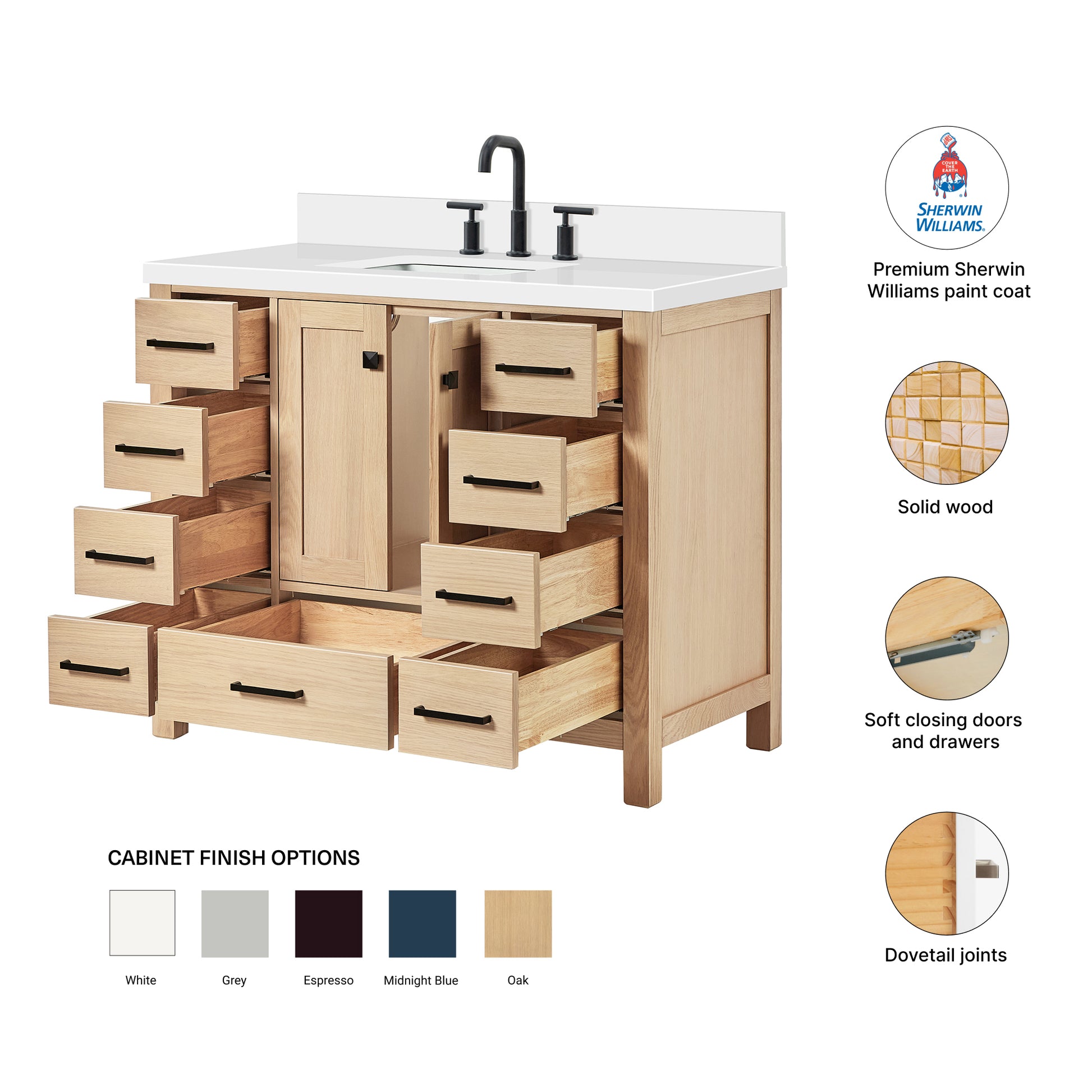 Beckford 42-Inch White Oak bathroom vanity – feature highlights: solid wood frame, soft-close doors and drawers, Sherwin-Williams paint finish
