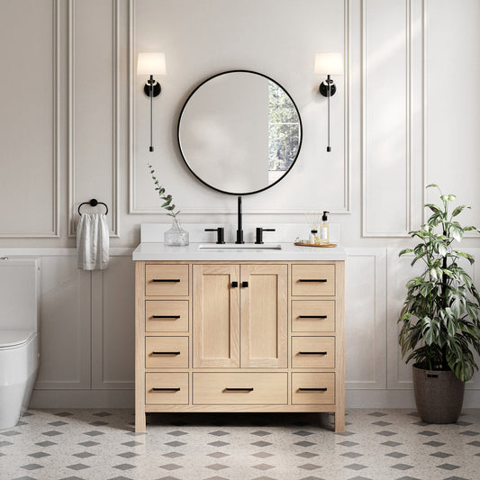 Beckford 42-Inch White Oak bathroom vanity in styled bathroom setting