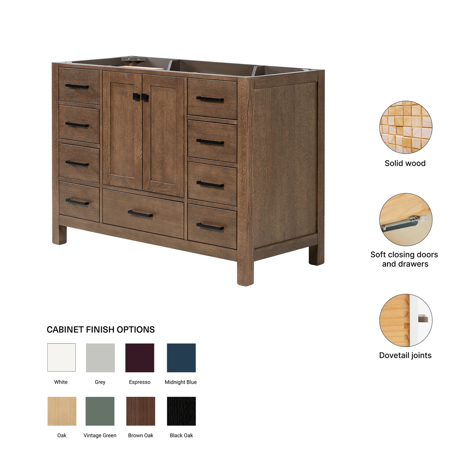 Beckford 48-inch Brown Oak base cabinet on feature highlights: solid wood frame, soft-close doors and drawers, Sherwin-Williams paint finish
