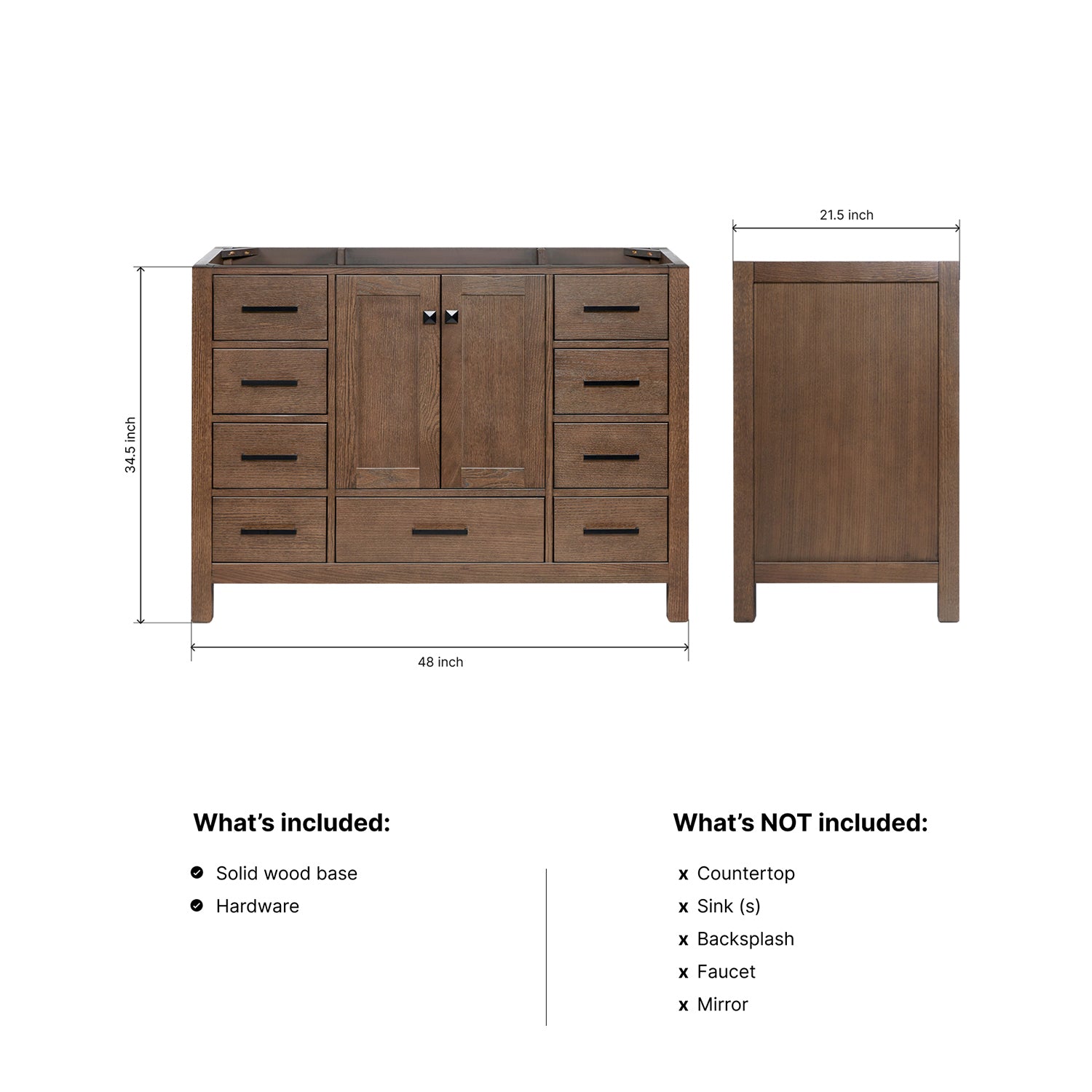 Beckford 48-inch Brown Oak base cabinet on dimensions
