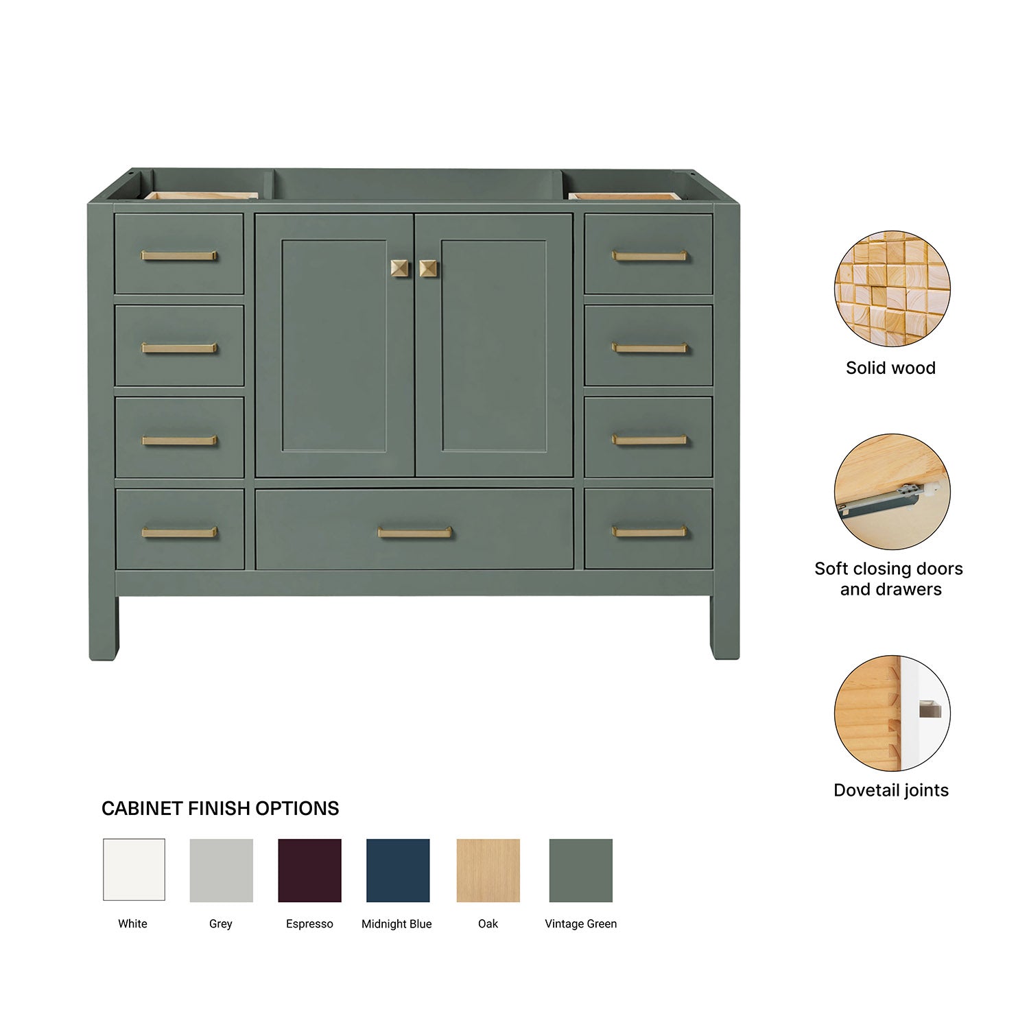 Beckford 48-inch Vintage Green base cabinet on feature highlights: solid wood frame, soft-close doors and drawers, Sherwin-Williams paint finish