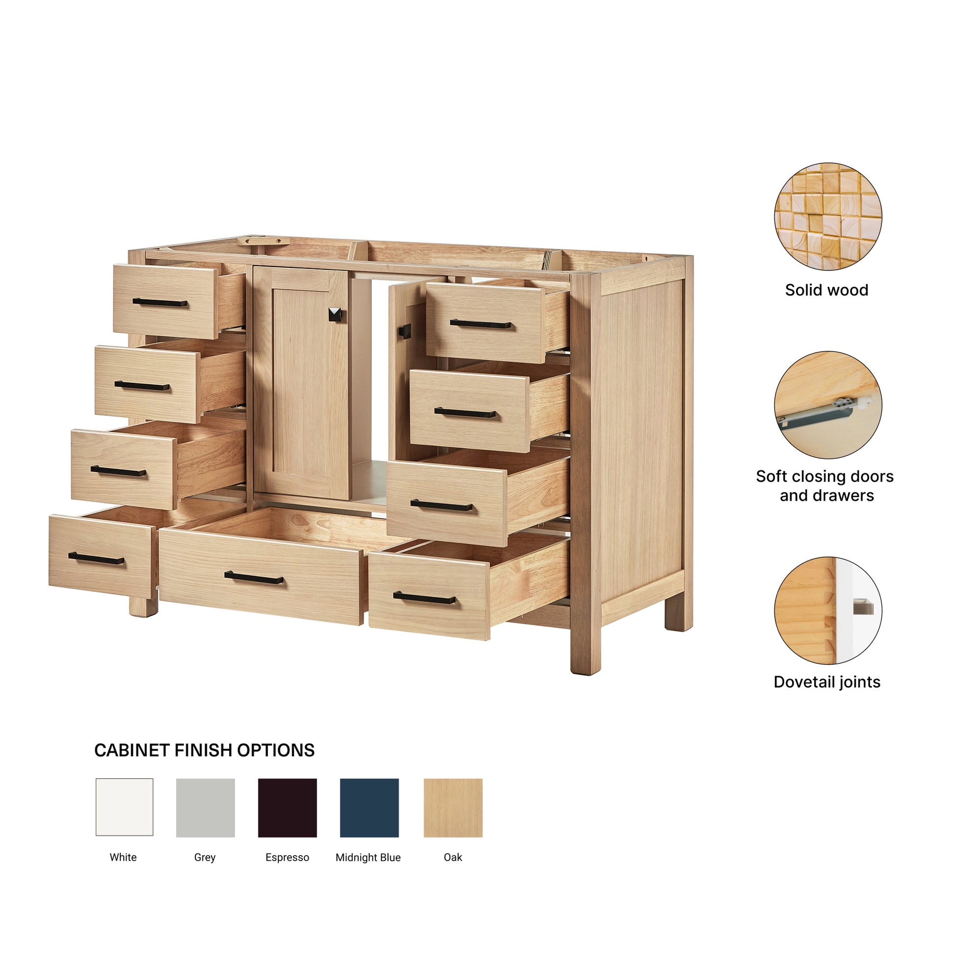 Beckford 48-inch Natural Oak base cabinet on feature highlights: solid wood frame, soft-close doors and drawers, Sherwin-Williams paint finish